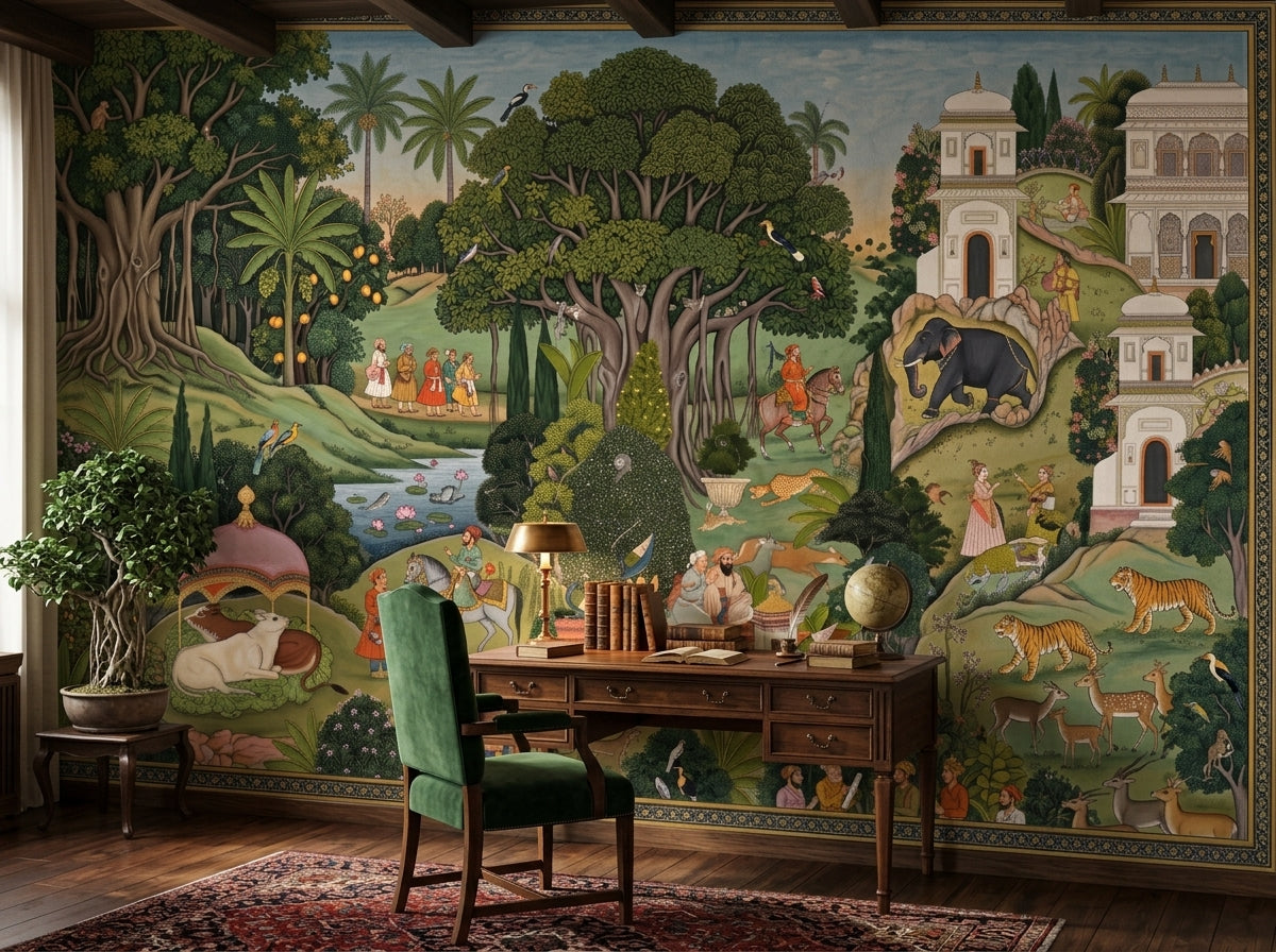 Indian miniature painting wallpaper in a classic study with green chair.