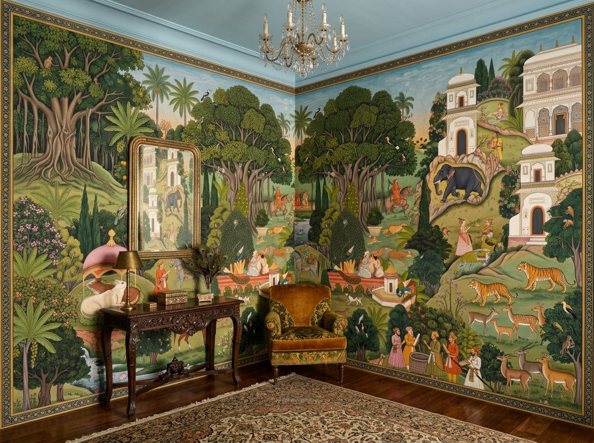 Indian miniature painting wallpaper wrapping around the corner of a room with chandelier.