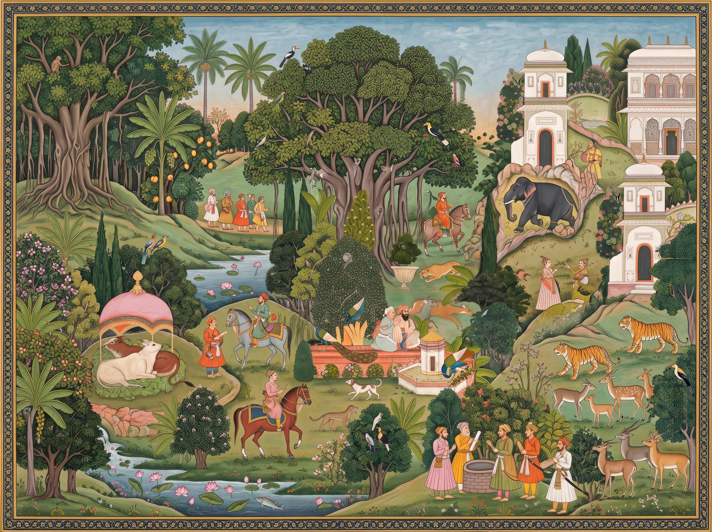 Mughal miniature painting style wallpaper with palace, elephant, horse riders, tigers, deer and lush garden with ornamental border.