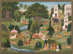 Mughal miniature painting style wallpaper with palace, elephant, horse riders, tigers, deer and lush garden with ornamental border.