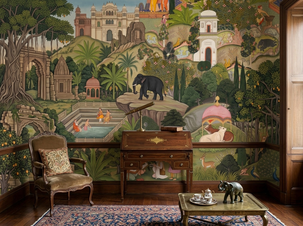 Mughal garden wallpaper in a classic study with secretary desk.