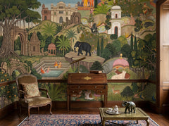 Mughal garden wallpaper in a classic study with secretary desk.