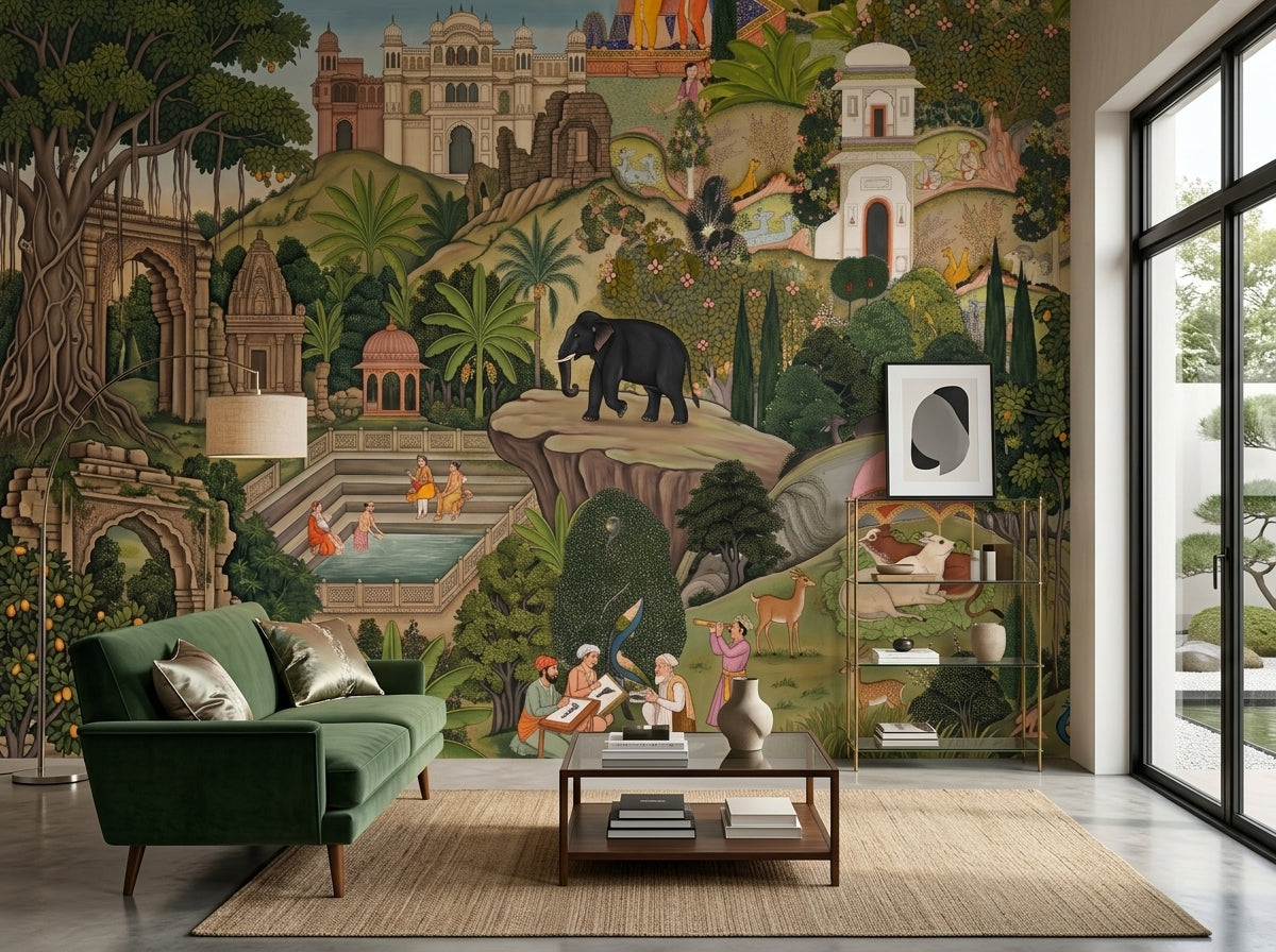 Mughal garden wallpaper behind a green sofa in a modern living room.