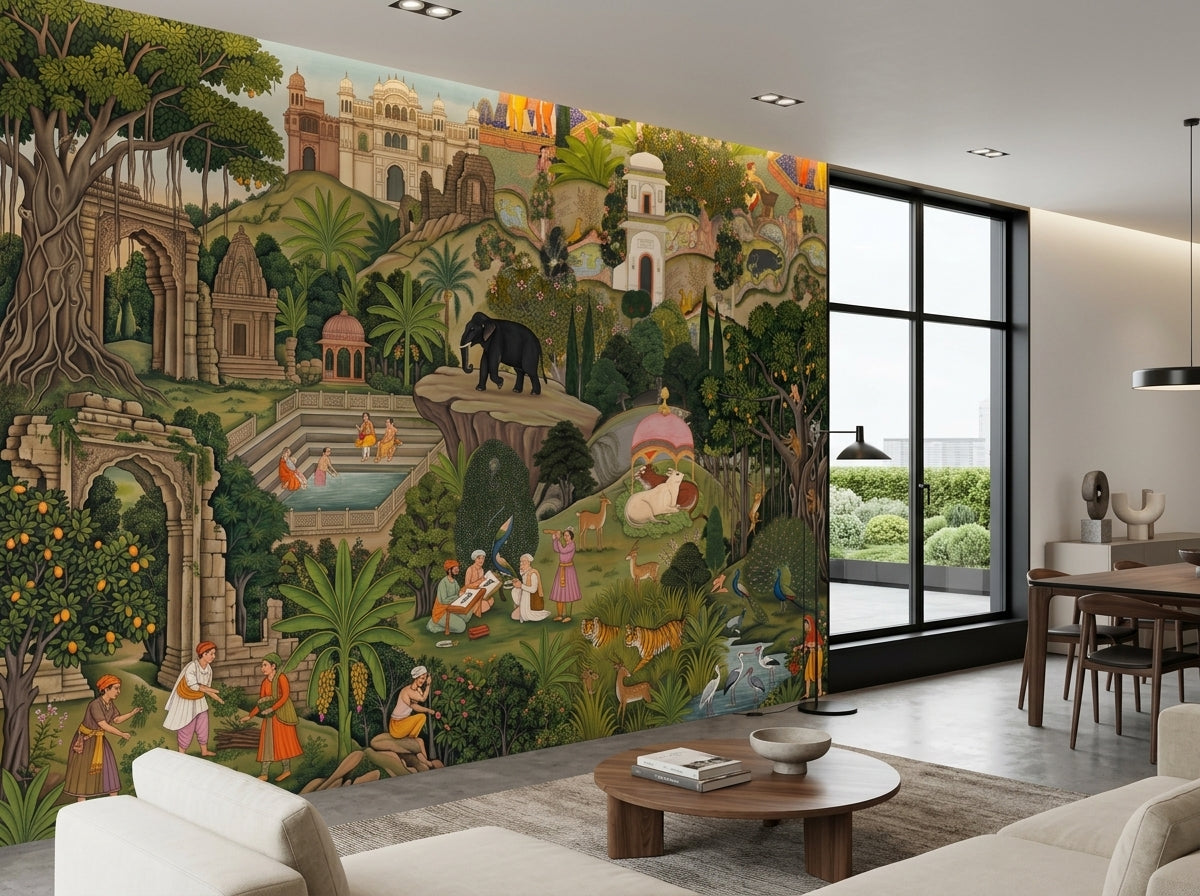 Mughal garden wallpaper in a bright modern living room.