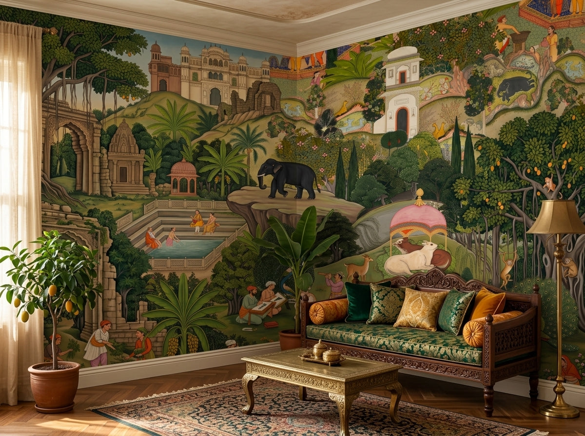 Mughal garden wallpaper behind a carved sofa in a traditional living room.