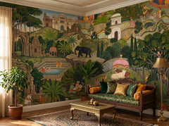 Mughal garden wallpaper behind a carved sofa in a traditional living room.
