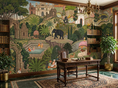 Mughal garden wallpaper in a library study with carved desk.