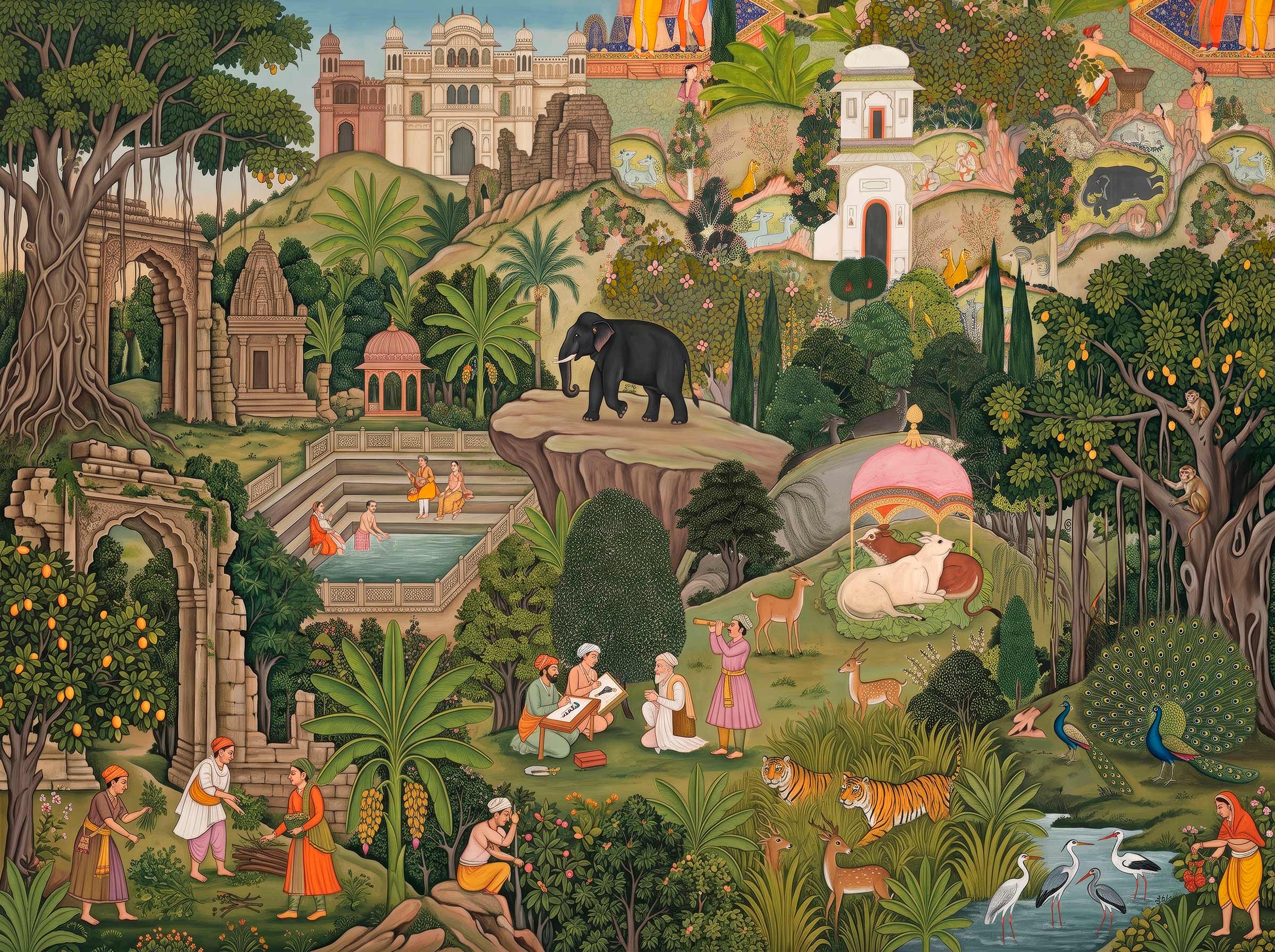 Indian miniature style wallpaper with palace, black elephant, stepwell pool, pavilions, peacock, tiger, deer and lush jungle.