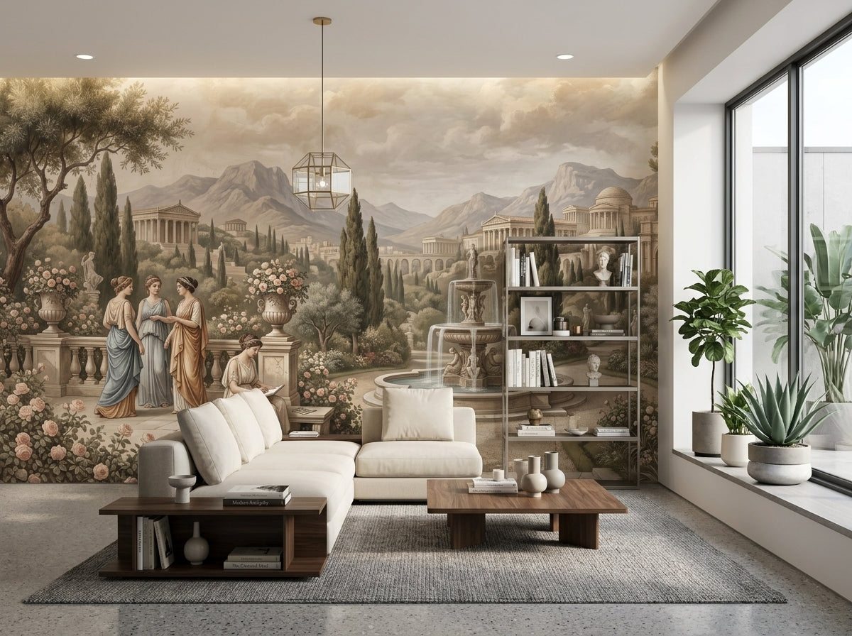 Neoclassical garden wallpaper in a modern living room with large windows.