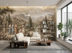 Neoclassical garden wallpaper in a modern living room with large windows.
