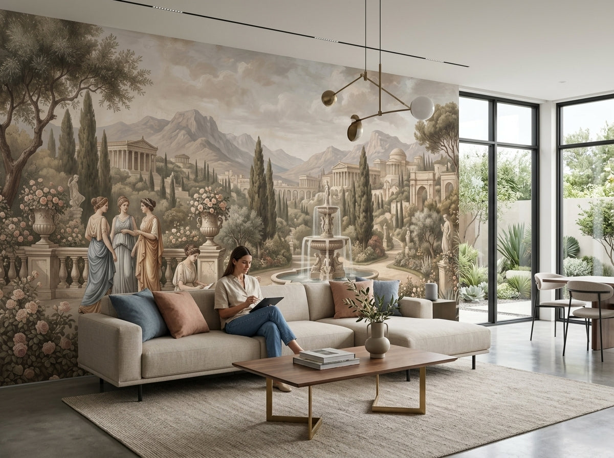 Neoclassical garden wallpaper behind a sofa in a bright modern living room.