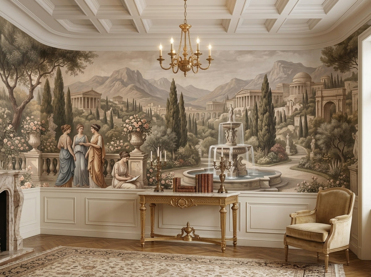 Neoclassical garden wallpaper in a classic room with gilded console and coffered ceiling.