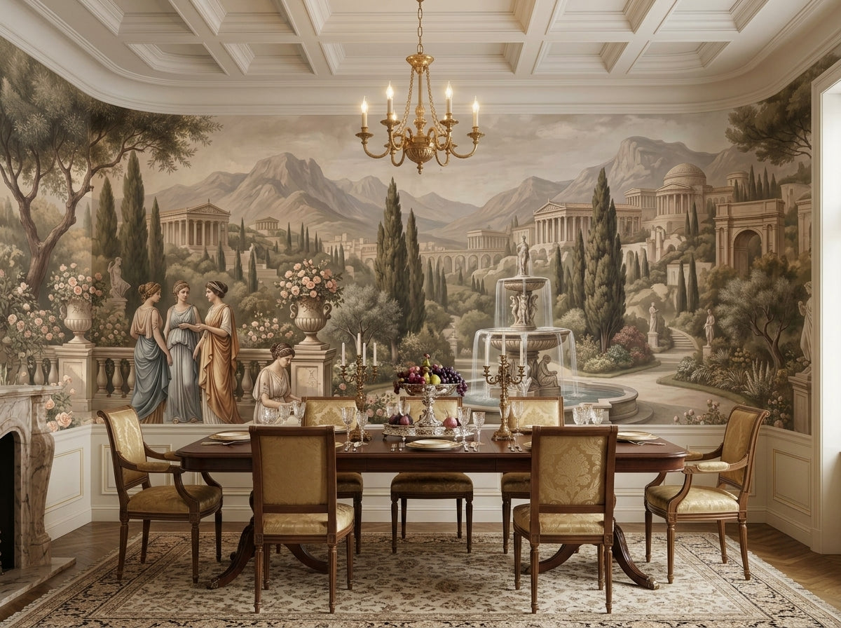 Neoclassical garden wallpaper in a formal dining room with chandelier.