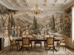 Neoclassical garden wallpaper in a formal dining room with chandelier.