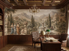 Neoclassical garden wallpaper in a wood paneled study with leather chairs.