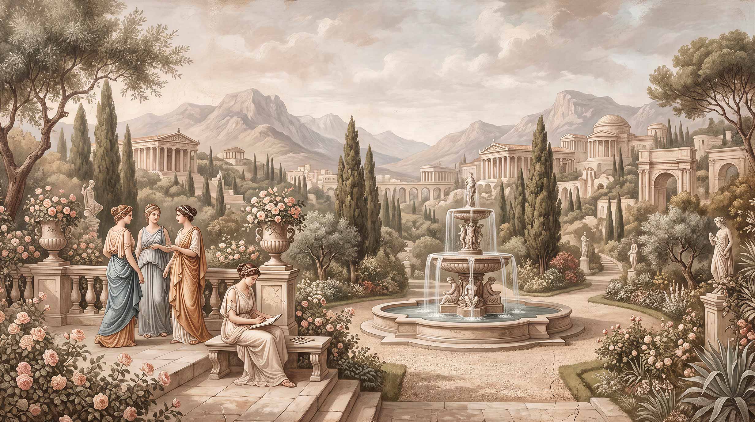 Neoclassical painted wallpaper with women in classical robes, marble fountain, balustrade, roses, cypresses, temples and mountains.