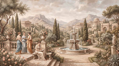 Neoclassical painted wallpaper with women in classical robes, marble fountain, balustrade, roses, cypresses, temples and mountains.