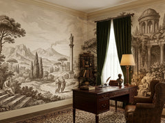 Sepia Roman ruins wallpaper in a classic study with wooden desk.