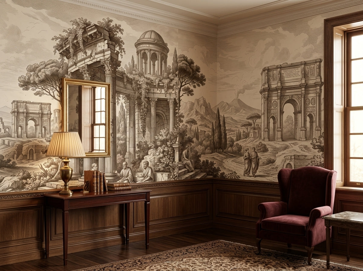 Sepia Roman ruins wallpaper in a wood paneled study with burgundy armchair.
