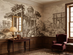 Sepia Roman ruins wallpaper in a wood paneled study with burgundy armchair.