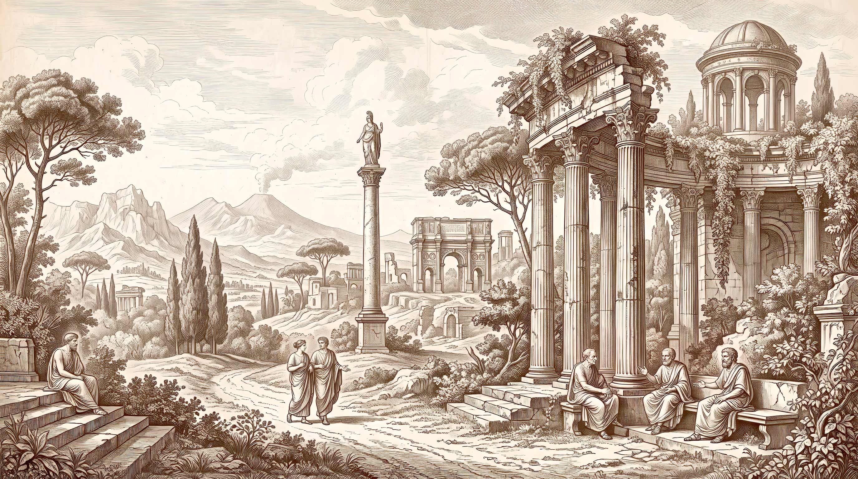 Sepia engraving style wallpaper with Roman ruins, colonnade, round temple, triumphal arch, column statue, philosophers and umbrella pines.