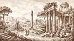 Sepia engraving style wallpaper with Roman ruins, colonnade, round temple, triumphal arch, column statue, philosophers and umbrella pines.