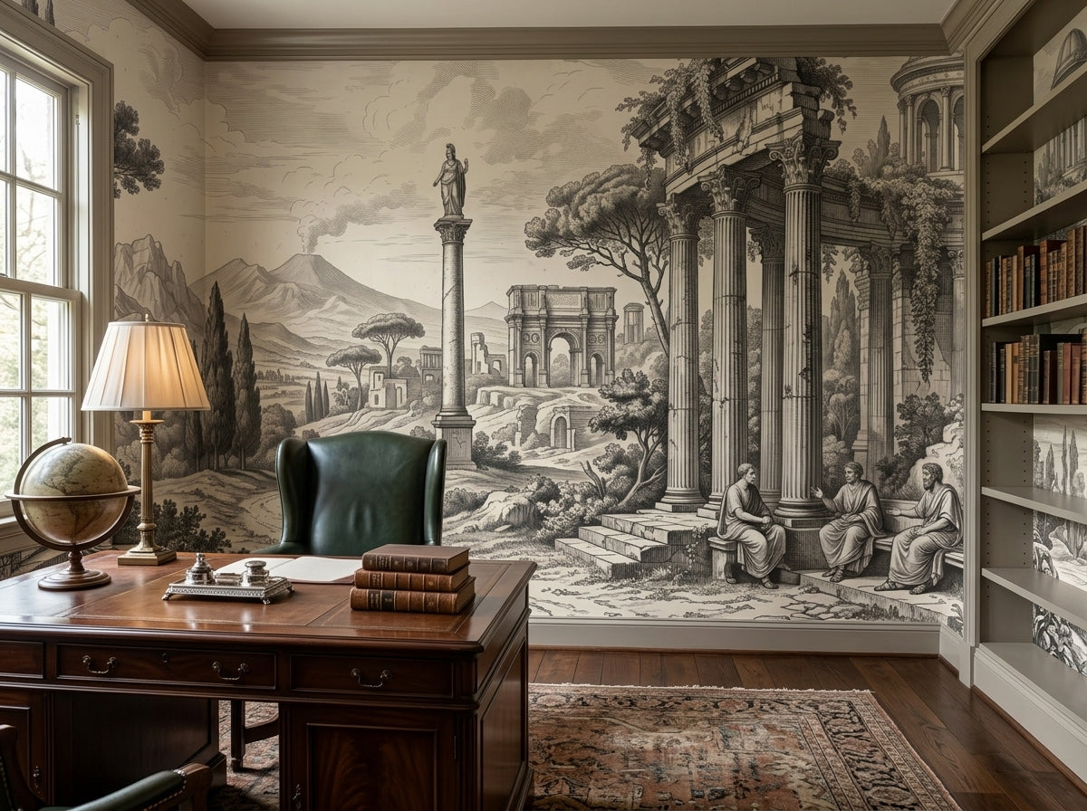 Grey Roman ruins wallpaper in a study with globe and leather chair.