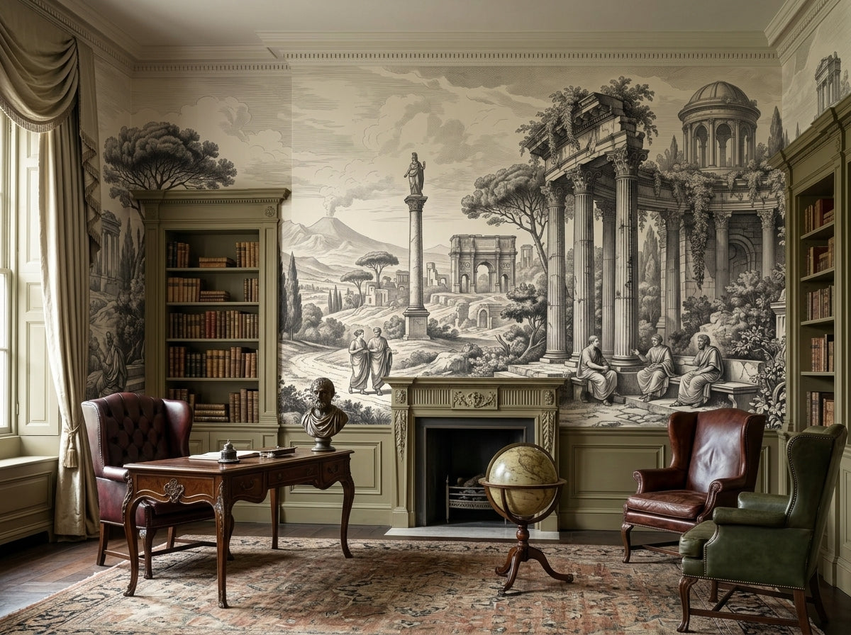 Grey Roman ruins wallpaper in a library with fireplace and bookcases.