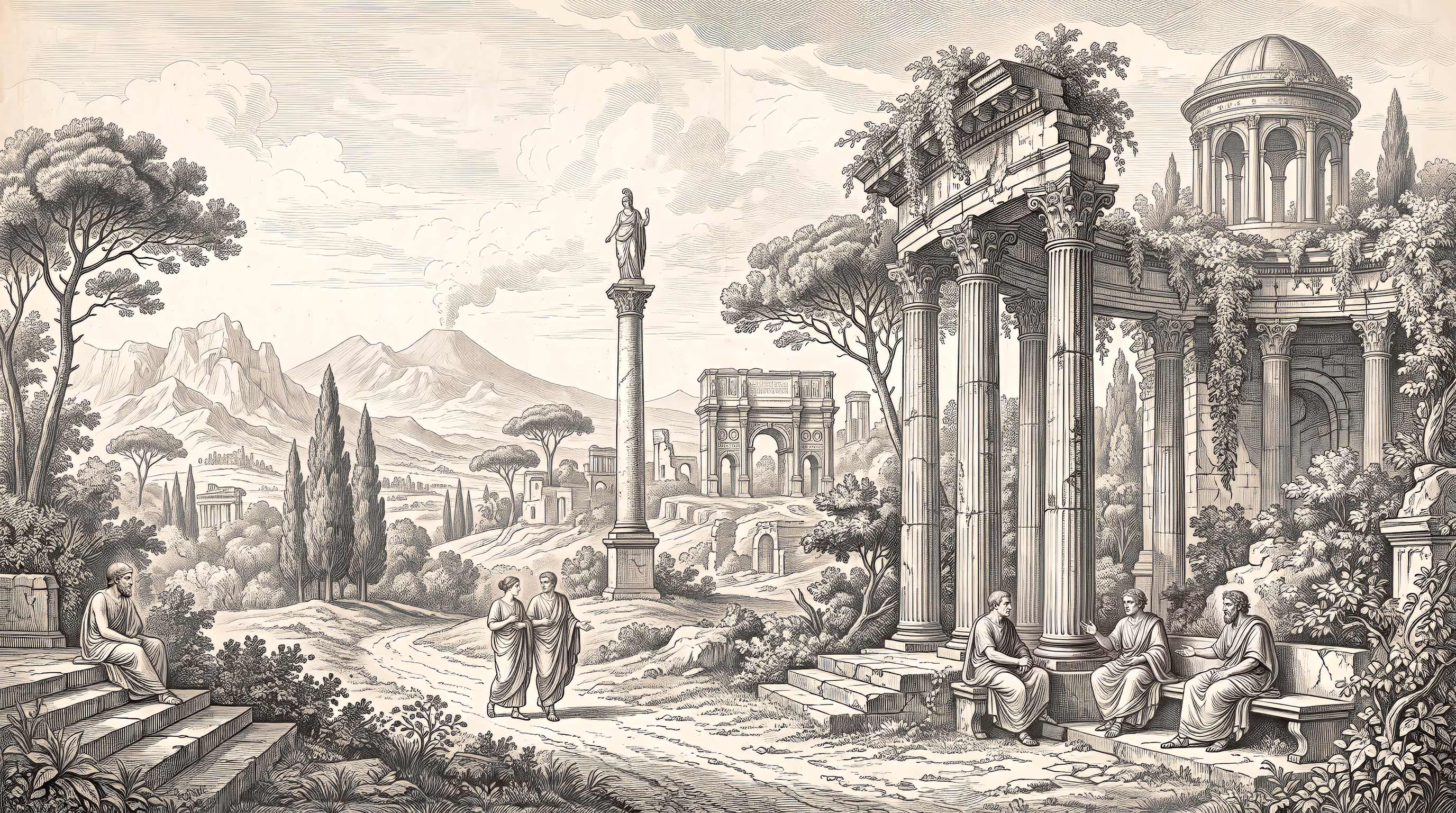 Grey engraving style wallpaper with Roman ruins, colonnade, round temple, triumphal arch, column statue, philosophers and umbrella pines.