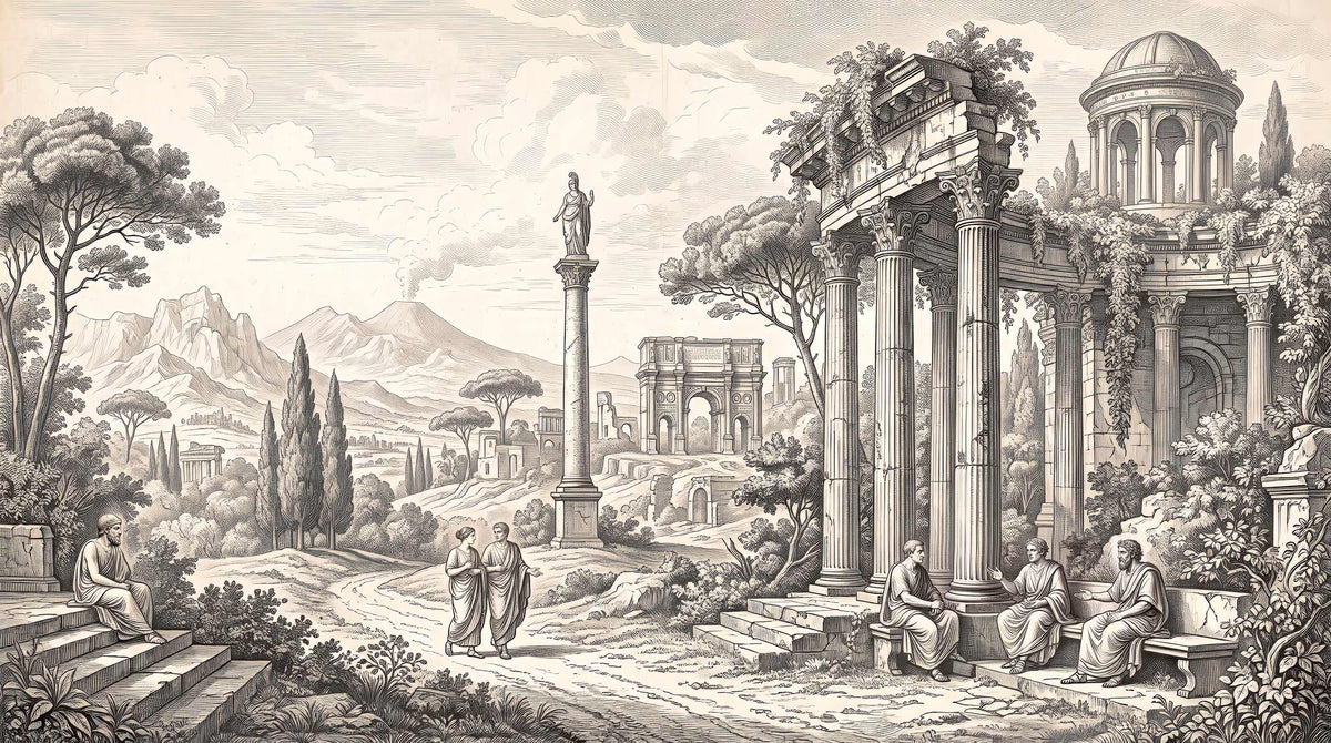 Romeinse ruïnes behang – grijze klassieke gravure fotobehang