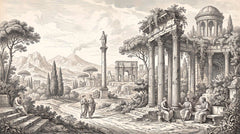 Grey engraving style wallpaper with Roman ruins, colonnade, round temple, triumphal arch, column statue, philosophers and umbrella pines.