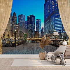 Custom Elegant Balcony View of Modern City Skyline at Night Wallpaper Murals