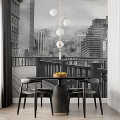 Custom Urban Balcony View with Empire State Building in Black and White Wallpaper Murals