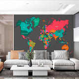 Vibrant Multicolor World Map Wall Mural Wallpaper with Dark Background