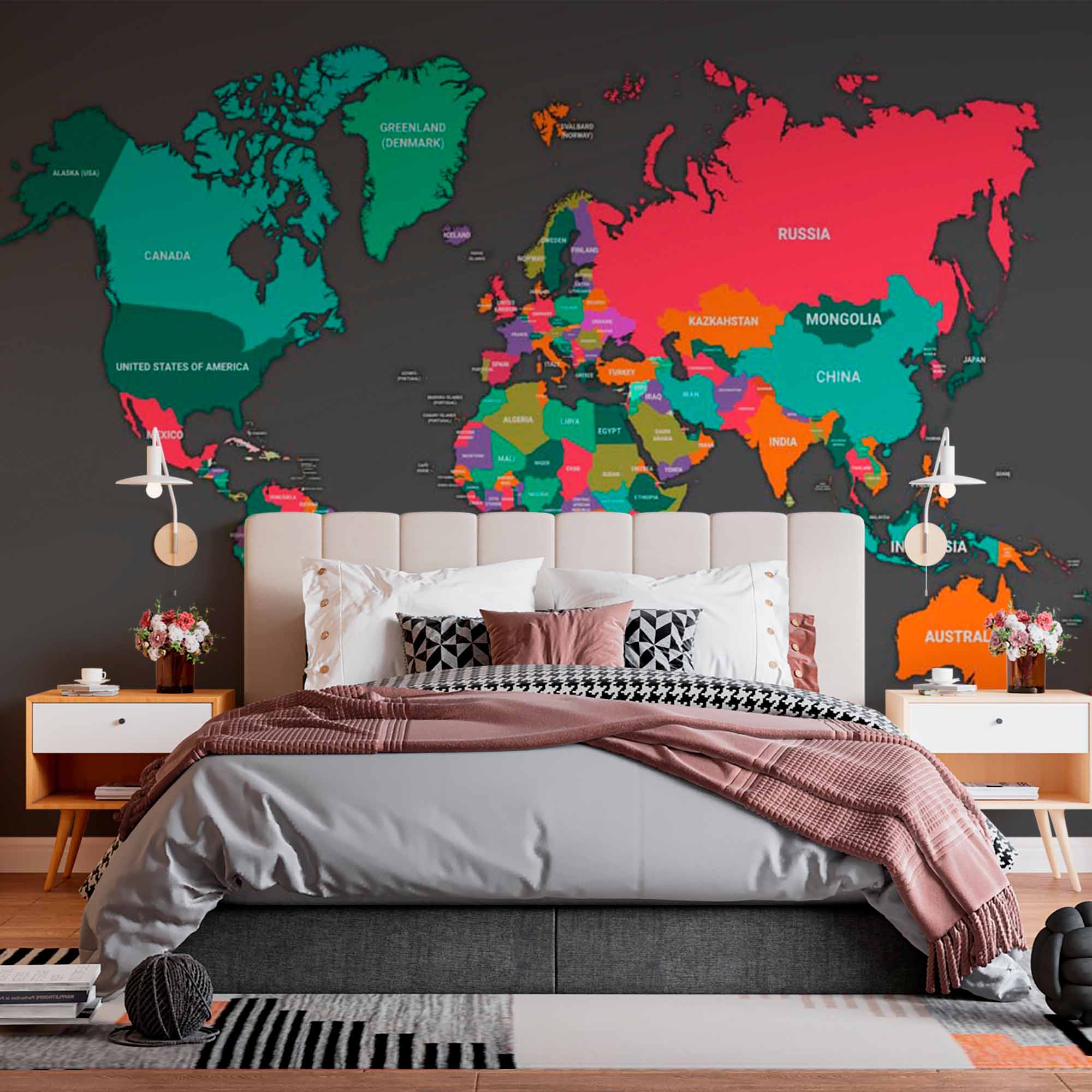 Vibrant Multicolor World Map Wall Mural Wallpaper with Dark Background