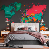 Vibrant Multicolor World Map Wall Mural Wallpaper with Dark Background