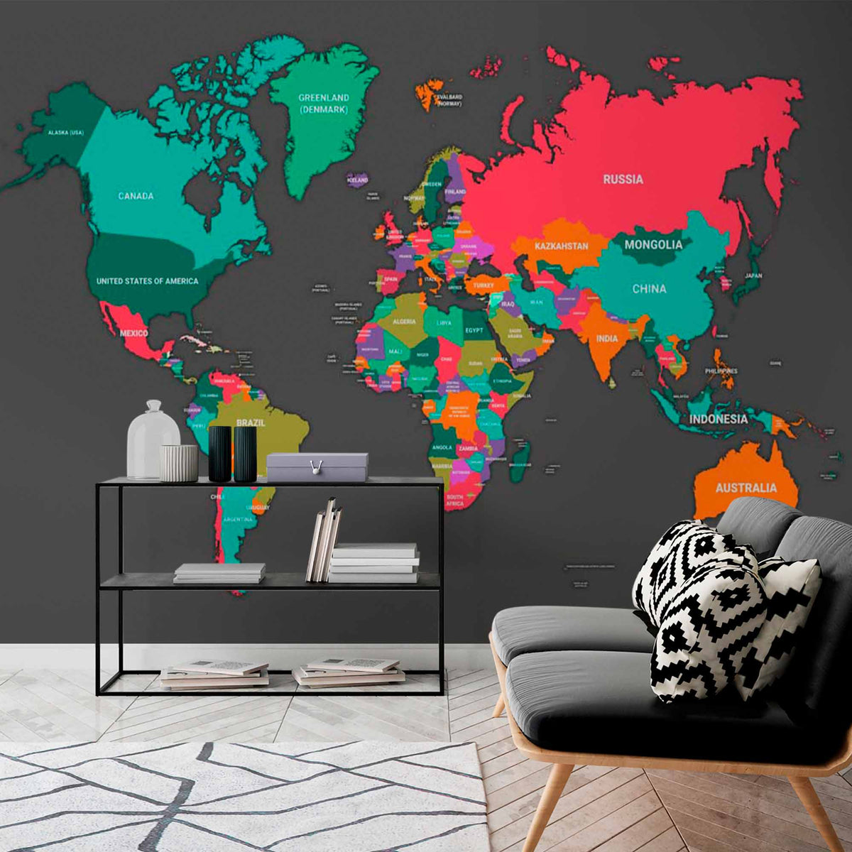 Vibrant Multicolor World Map Wall Mural Wallpaper with Dark Background