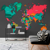 Vibrant Multicolor World Map Wall Mural Wallpaper with Dark Background