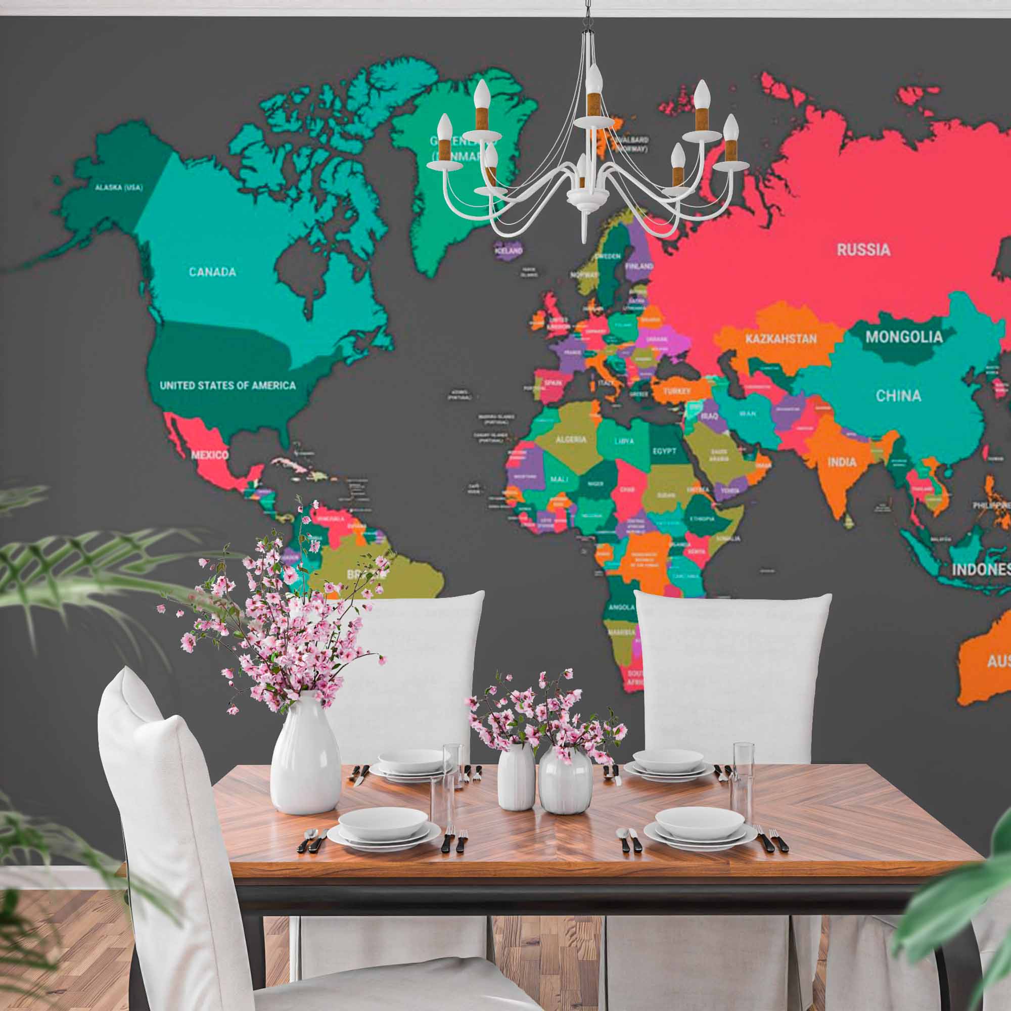 Vibrant Multicolor World Map Wall Mural Wallpaper with Dark Background