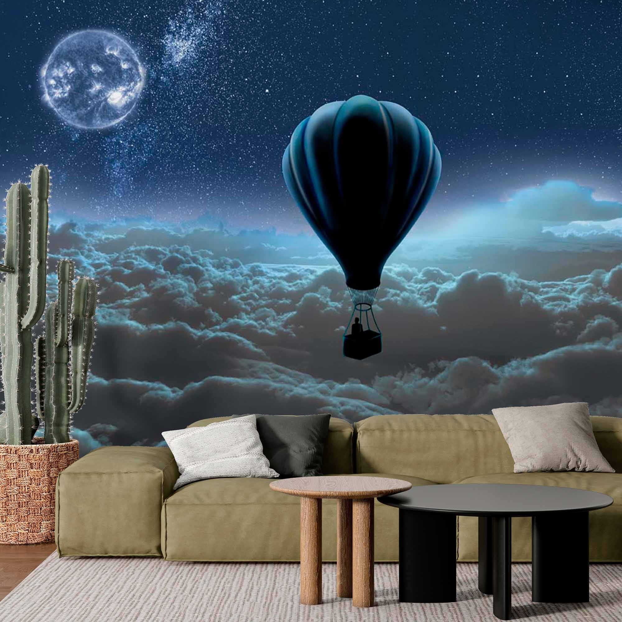 Magical Night Sky Hot Air Balloon Wall Mural Wallpaper - Floating Above the Clouds