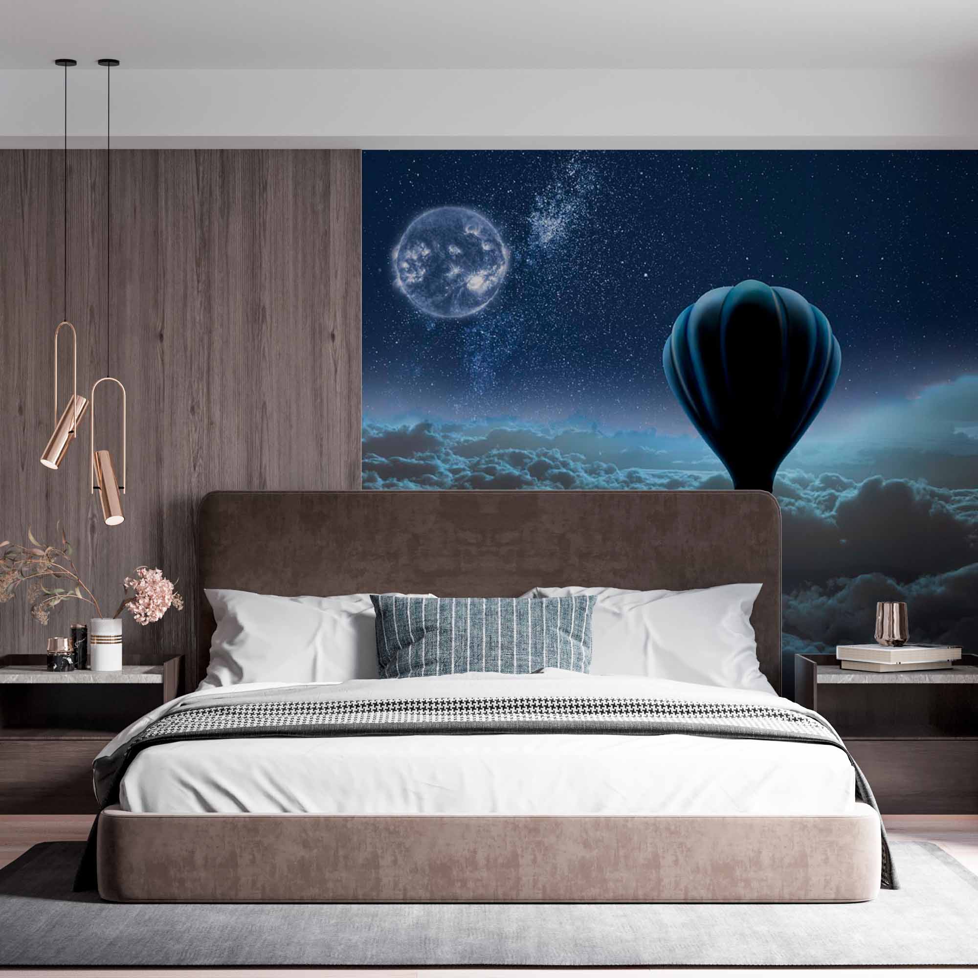 Magical Night Sky Hot Air Balloon Wall Mural Wallpaper - Floating Above the Clouds