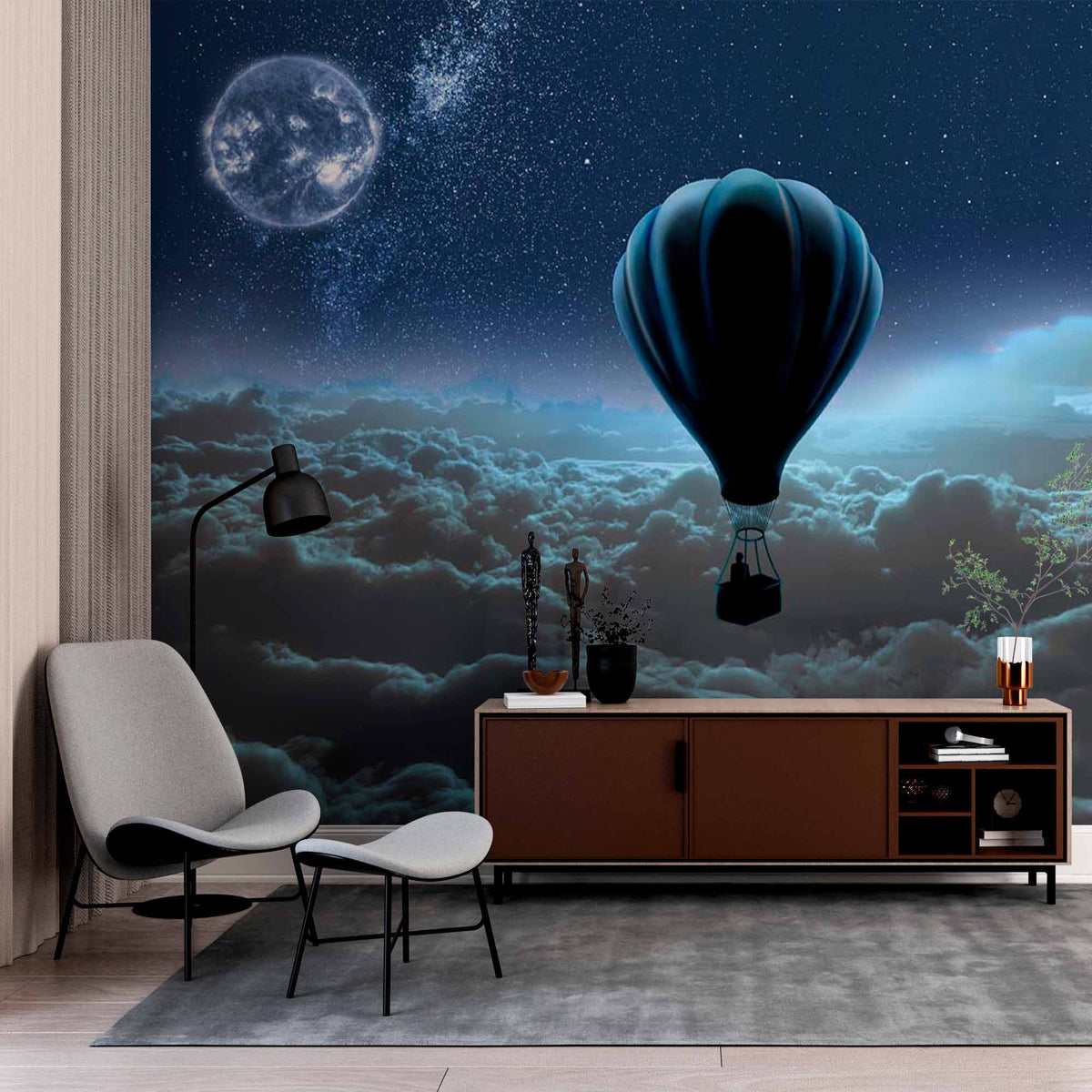 Magical Night Sky Hot Air Balloon Wall Mural Wallpaper - Floating Above the Clouds