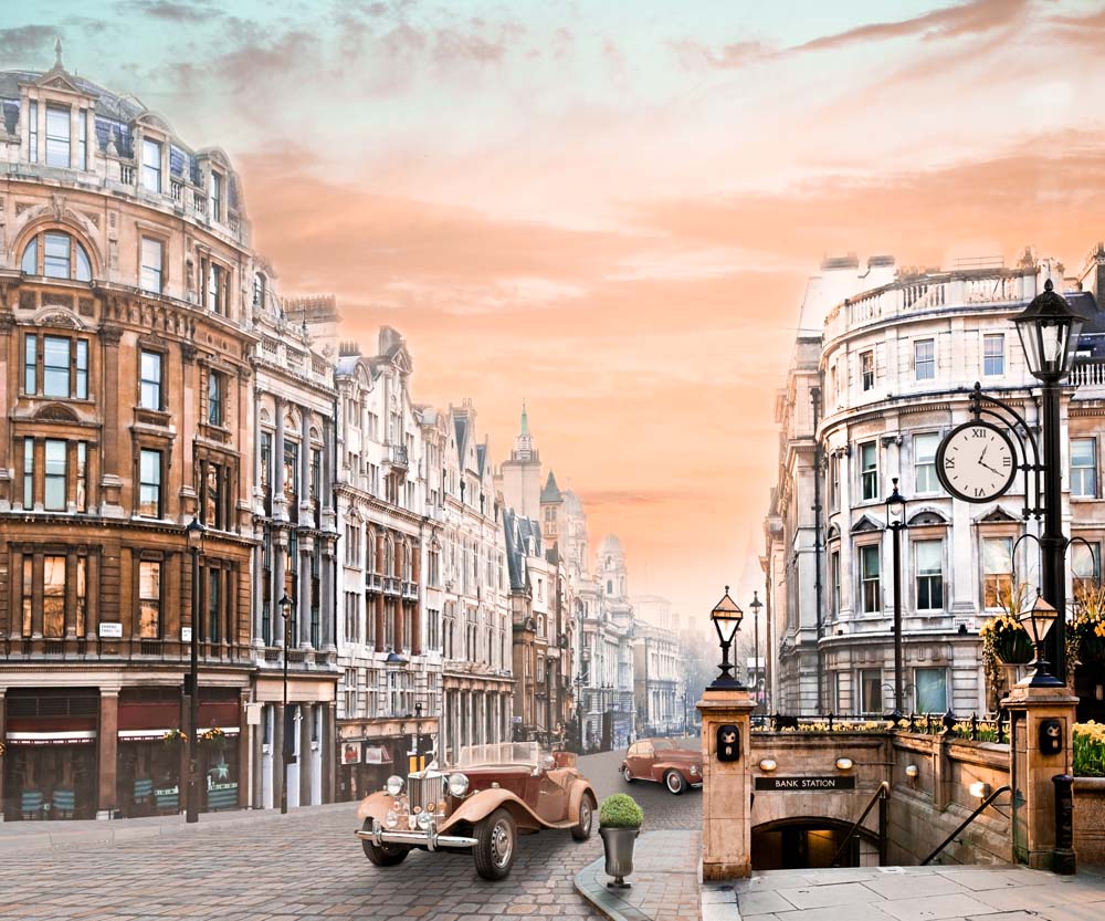 Vintage London Street Scene with Classic Car and Iconic Architecture at Sunset Wallpaper Murals