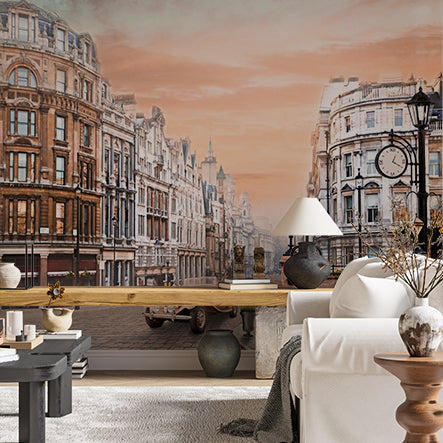 Vintage London Street Scene with Classic Car and Iconic Architecture at Sunset Wallpaper Murals