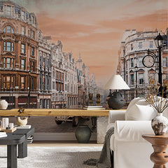 Custom Vintage London Street Scene with Classic Car and Iconic Architecture at Sunset Wallpaper Murals