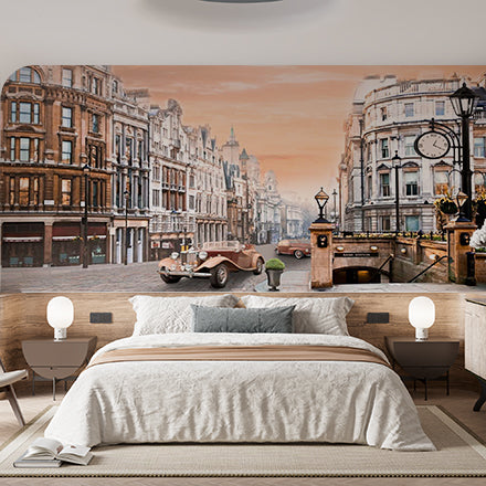 Vintage London Street Scene with Classic Car and Iconic Architecture at Sunset Wallpaper Murals