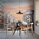 Vintage London Street Scene with Classic Car and Iconic Architecture at Sunset Wallpaper Murals