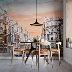 Custom Vintage London Street Scene with Classic Car and Iconic Architecture at Sunset Wallpaper Murals