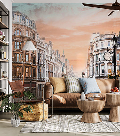 Vintage London Street Scene with Classic Car and Iconic Architecture at Sunset Wallpaper Murals