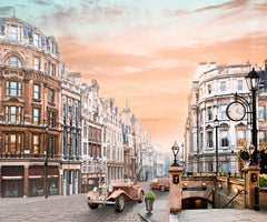 Custom Vintage London Street Scene with Classic Car and Iconic Architecture at Sunset Wallpaper Murals